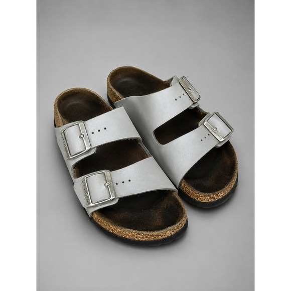 Birkenstock Shoes - Birkenstock Arizona Sandals Womens 6 37 Silver Leather Double Strap Comfort Boho